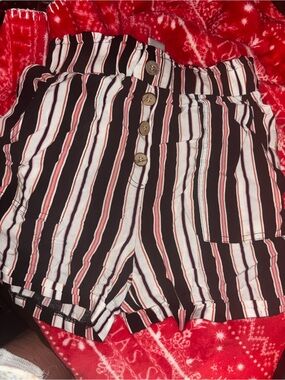 Joe Benbasset Black, White and Red Vertical Stripe High-Waist Shorts